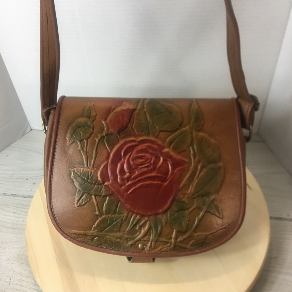 Brown Leather Floral Embossed Crossbody Bag